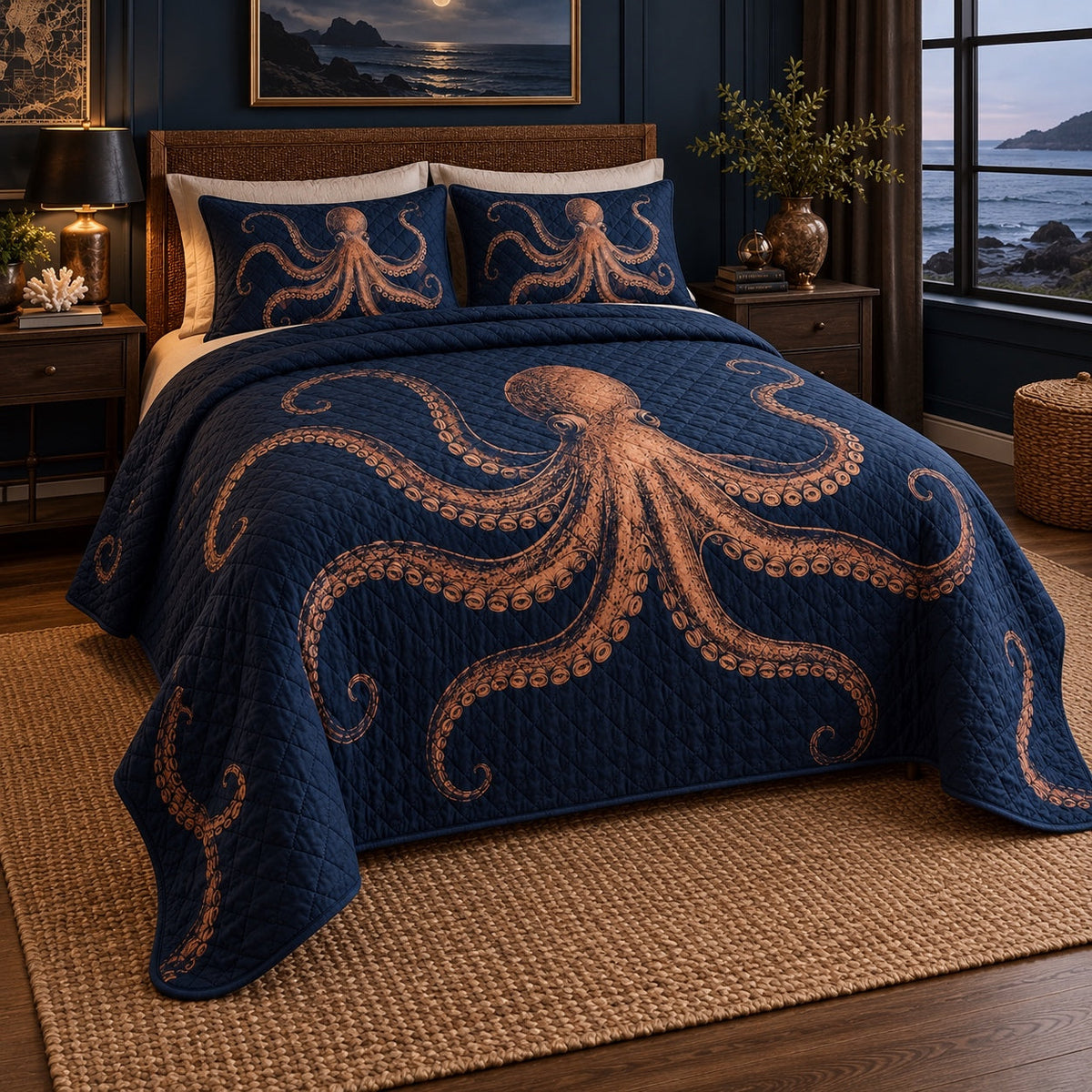 Midnight Deep Octopus Quilt Set, angled octopus bedroom view