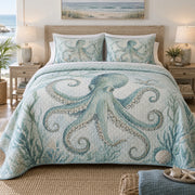 Sea Glass Arms Octopus Quilt Set, front octopus bedroom view
