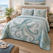 Sea Glass Arms Octopus Quilt Set, angled octopus bedroom view
