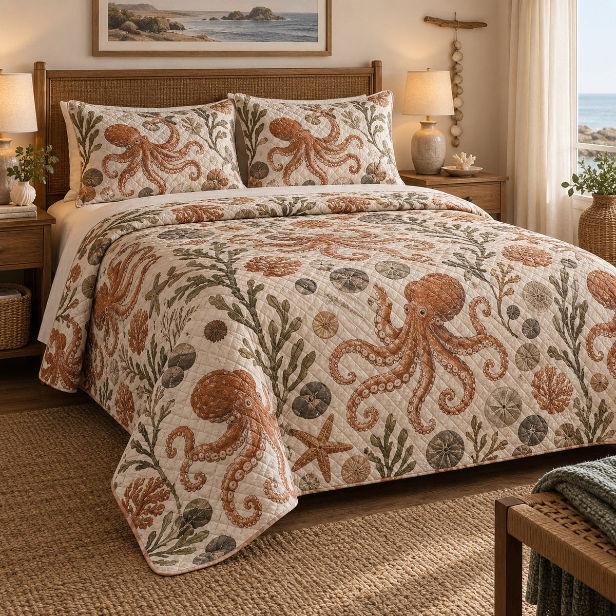 Terracotta Tidepool Octopus Quilt Set, front octopus bedroom view