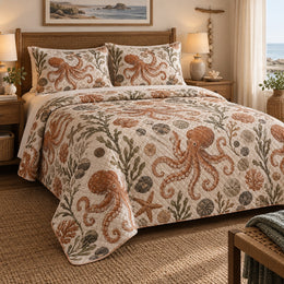 Terracotta Tidepool Octopus Quilt Set