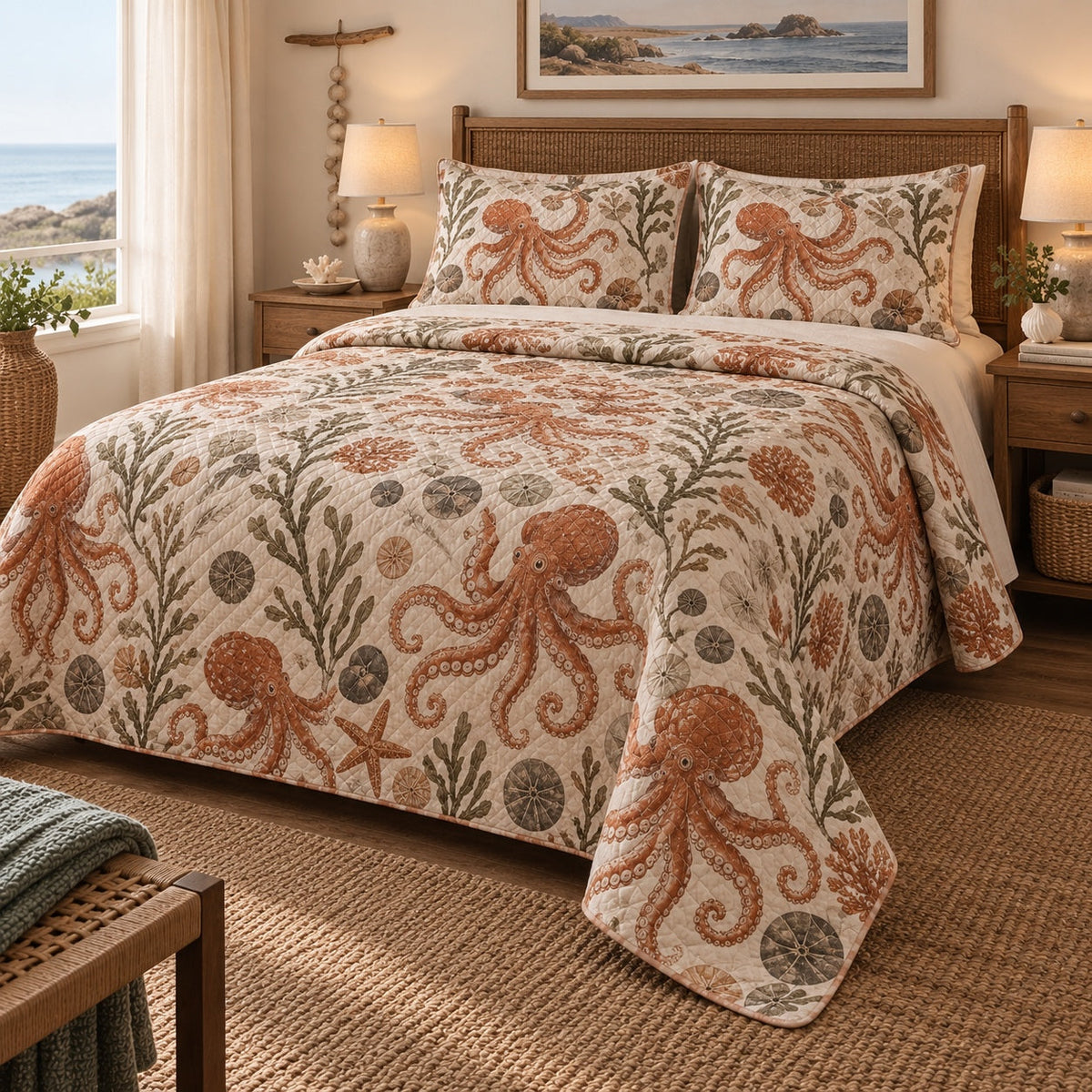 Terracotta Tidepool Octopus Quilt Set, angled octopus bedroom view
