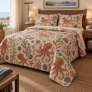 Terracotta Tidepool Octopus Quilt Set, angled octopus bedroom view