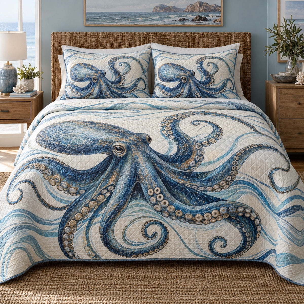 Blue Current Octopus Quilt Set, front octopus bedroom view