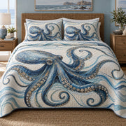Blue Current Octopus Quilt Set, front octopus bedroom view