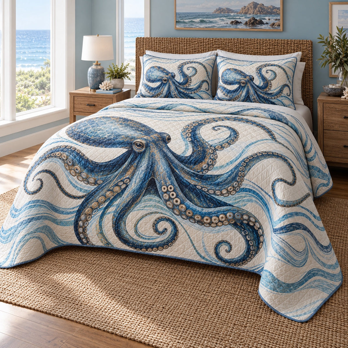 Blue Current Octopus Quilt Set, angled octopus bedroom view