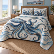Blue Current Octopus Quilt Set, angled octopus bedroom view
