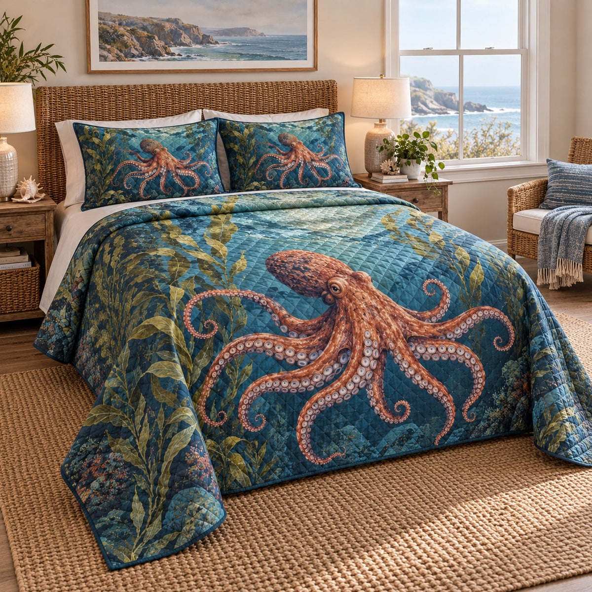 Kelp Garden Octopus Quilt Set, angled octopus bedroom view