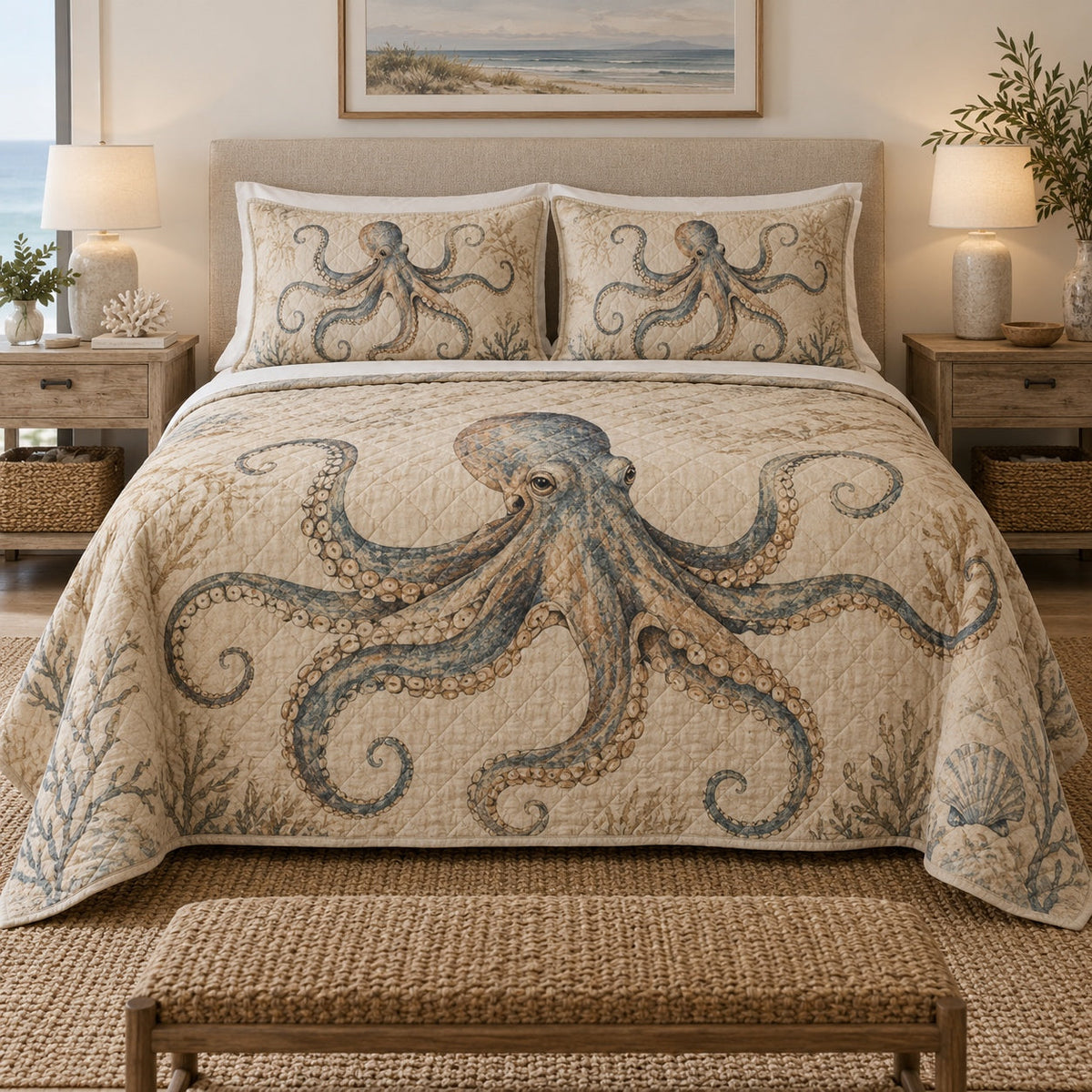 Pearl Sand Octopus Quilt Set, front octopus bedroom view