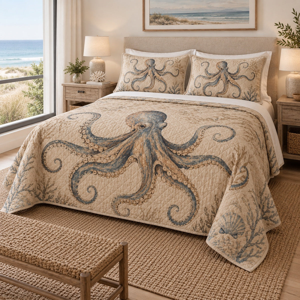 Pearl Sand Octopus Quilt Set, angled octopus bedroom view