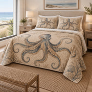 Pearl Sand Octopus Quilt Set, angled octopus bedroom view