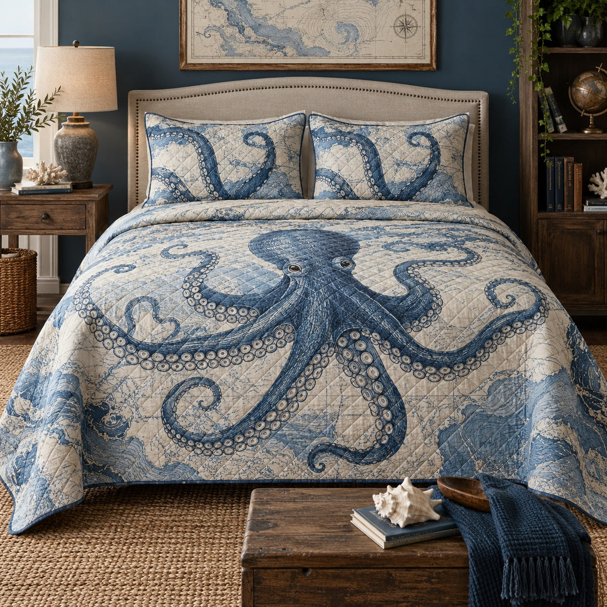 Ocean Map Octopus Quilt Set, front octopus bedroom view