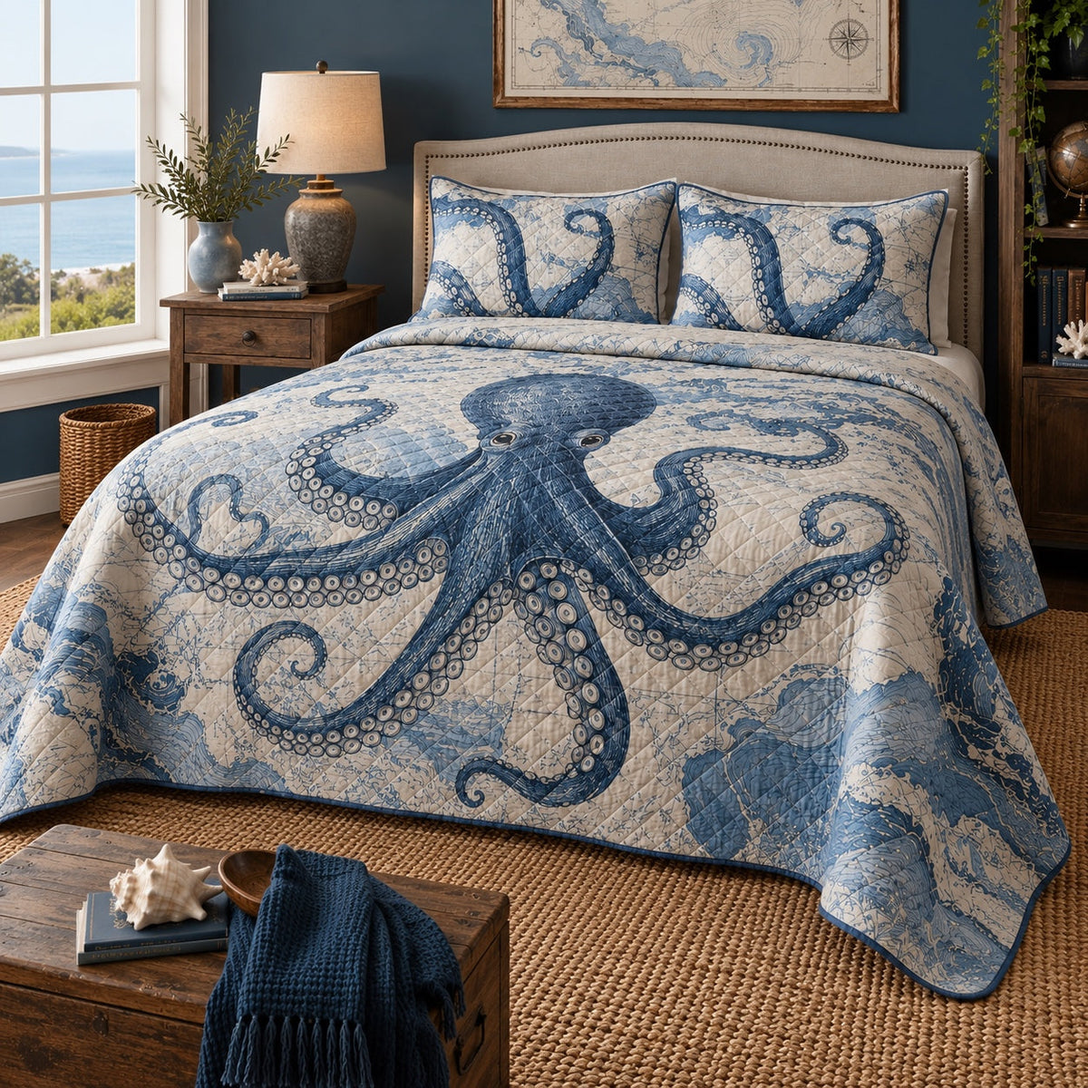Ocean Map Octopus Quilt Set, angled octopus bedroom view