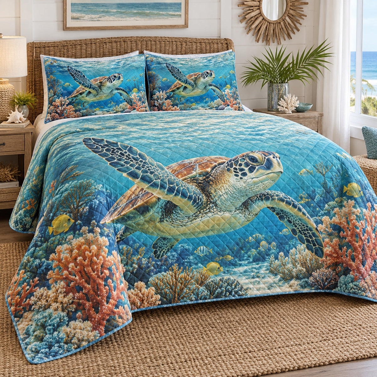 Reef Passage Sea Turtle Quilt Set, front sea turtle bedroom view