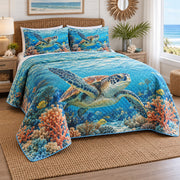 Reef Passage Sea Turtle Quilt Set, angled sea turtle bedroom view