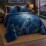 Indigo Swim Sea Turtle Quilt Set, angled sea turtle bedroom view