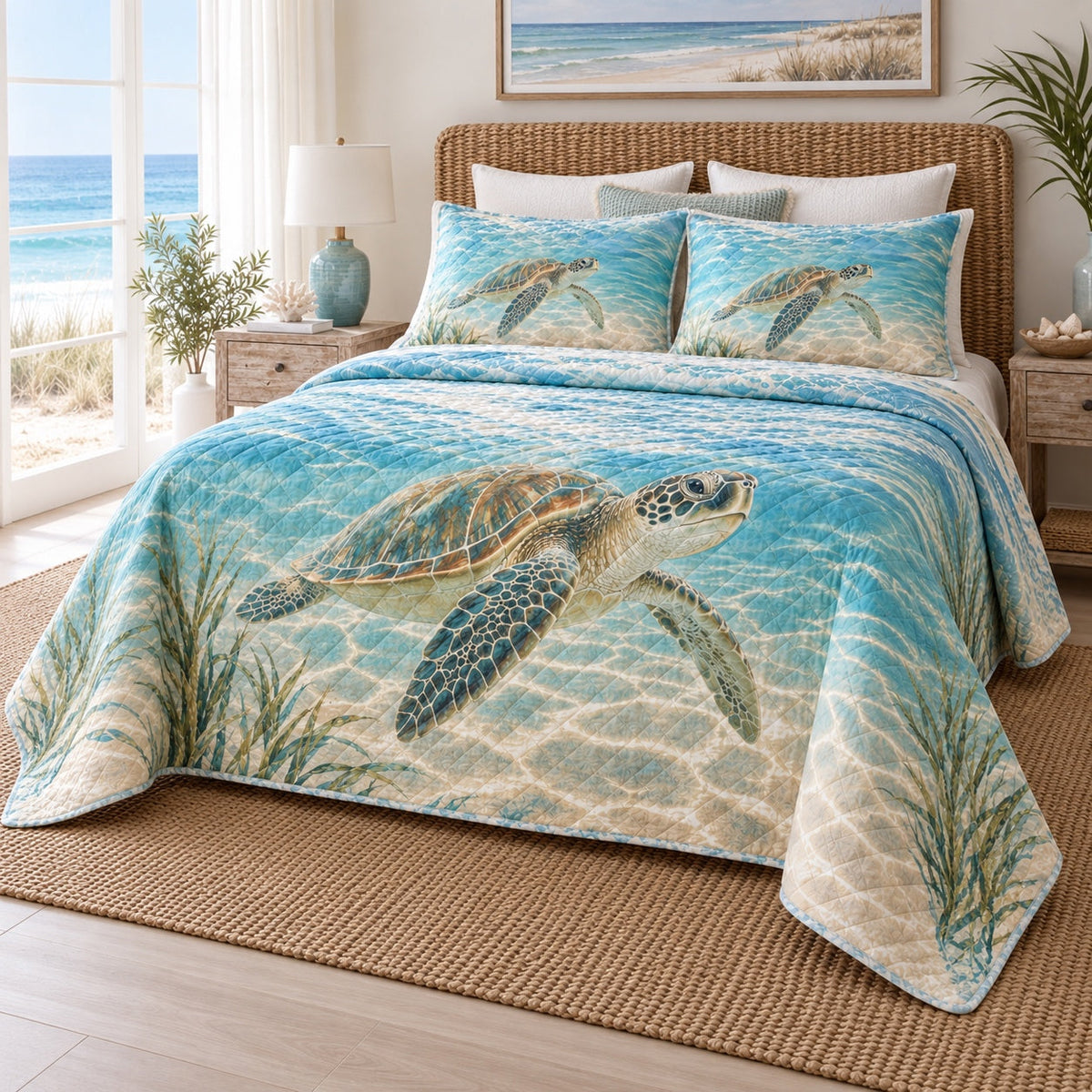 Sandbar Morning Sea Turtle Quilt Set, angled sea turtle bedroom view