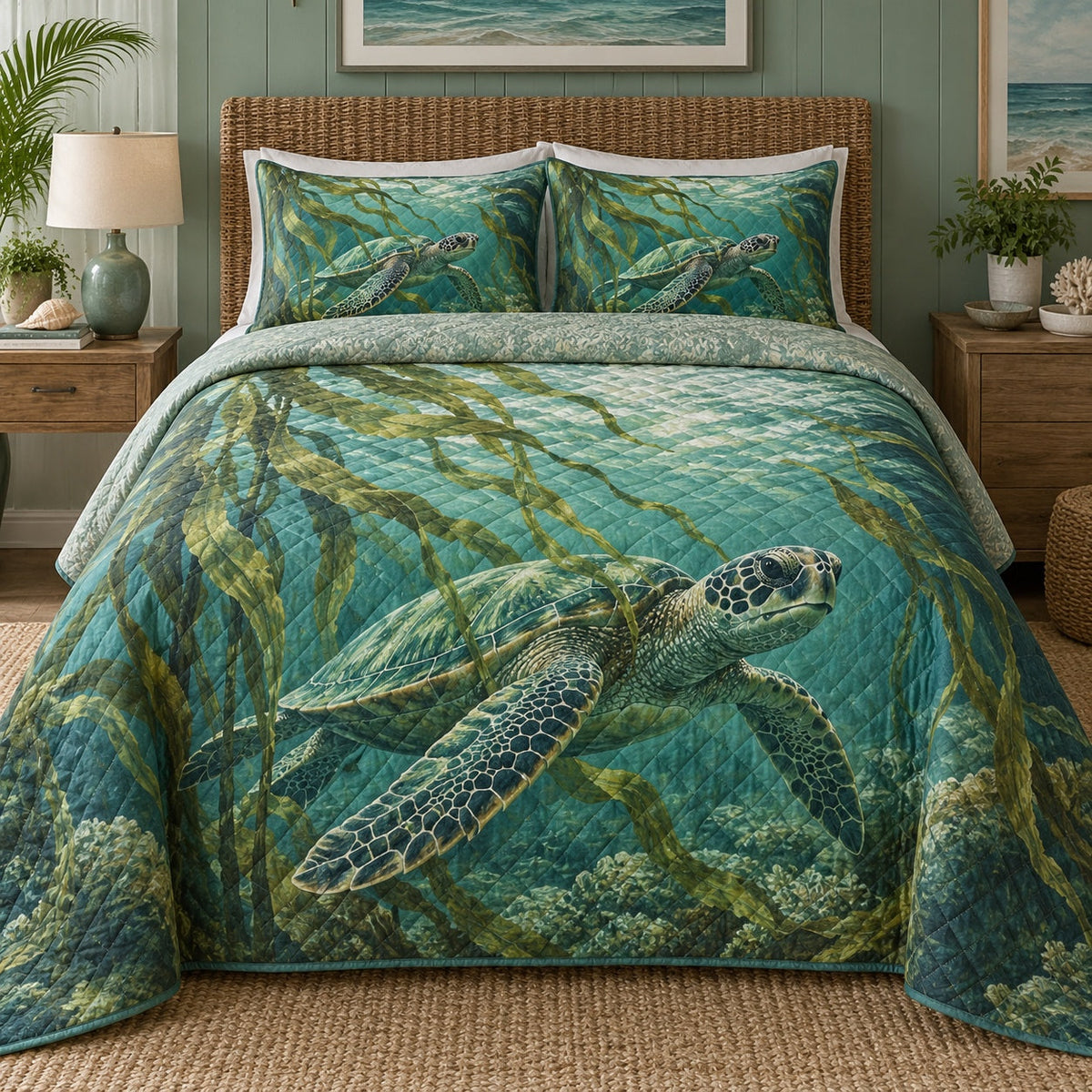 Kelp Drift Sea Turtle Quilt Set, front sea turtle bedroom view