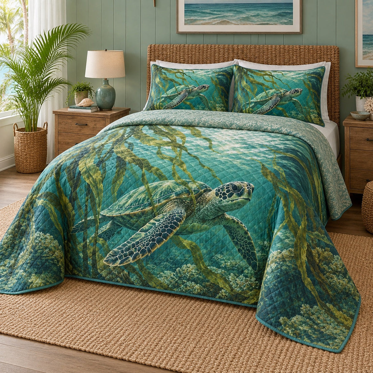 Kelp Drift Sea Turtle Quilt Set, angled sea turtle bedroom view