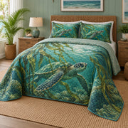 Kelp Drift Sea Turtle Quilt Set, angled sea turtle bedroom view