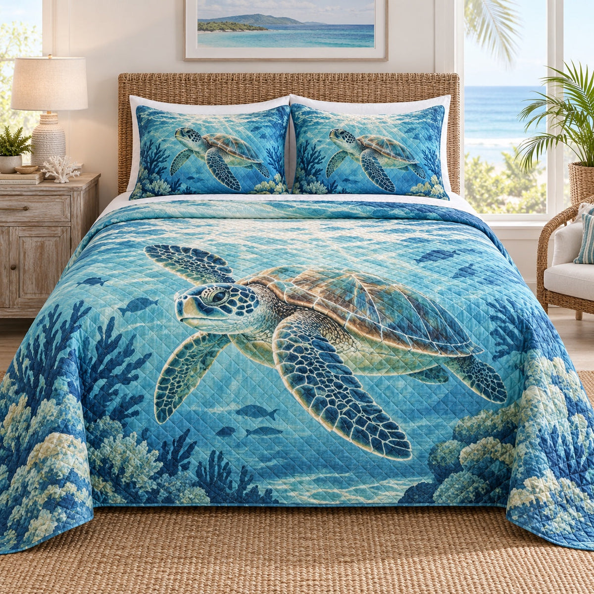 Blue Lagoon Sea Turtle Quilt Set, front sea turtle bedroom view