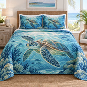 Blue Lagoon Sea Turtle Quilt Set, front sea turtle bedroom view