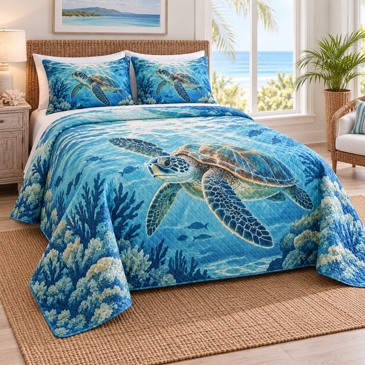 Blue Lagoon Sea Turtle Quilt Set, angled sea turtle bedroom view