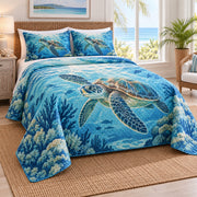 Blue Lagoon Sea Turtle Quilt Set, angled sea turtle bedroom view