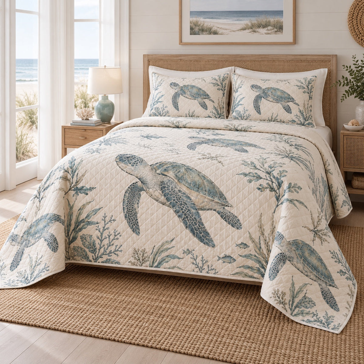Coastal Line Study Sea Turtle Quilt Set, angled sea turtle bedroom view