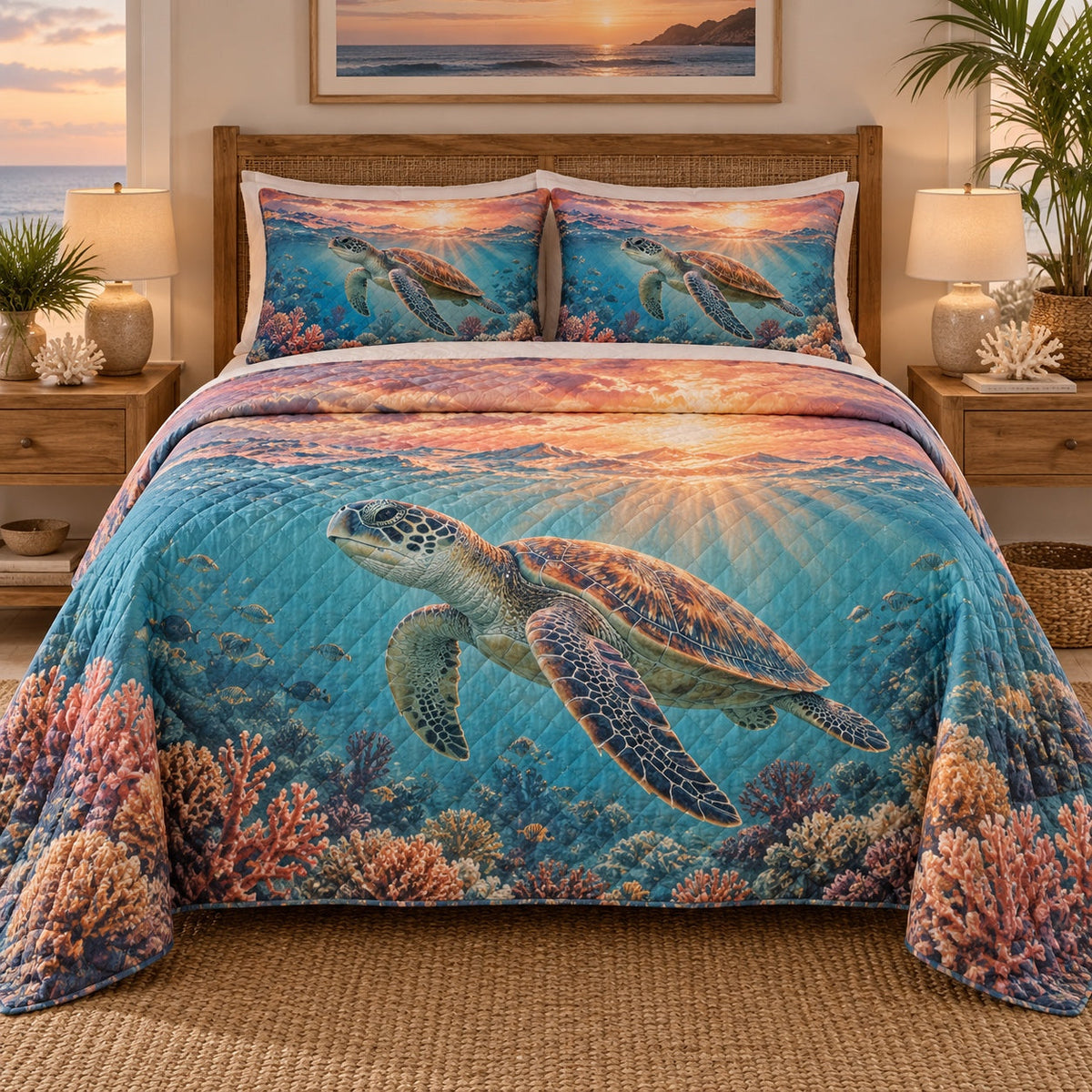 Coral Sunset Sea Turtle Quilt Set, front sea turtle bedroom view