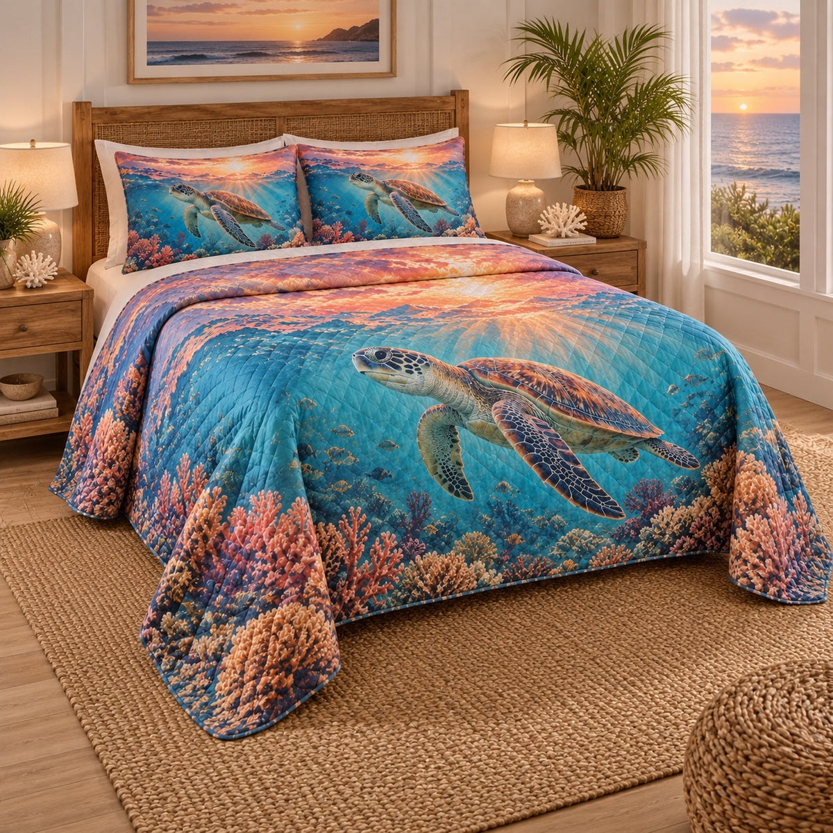 Coral Sunset Sea Turtle Quilt Set, angled sea turtle bedroom view
