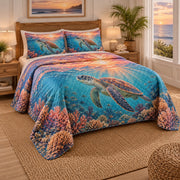 Coral Sunset Sea Turtle Quilt Set, angled sea turtle bedroom view