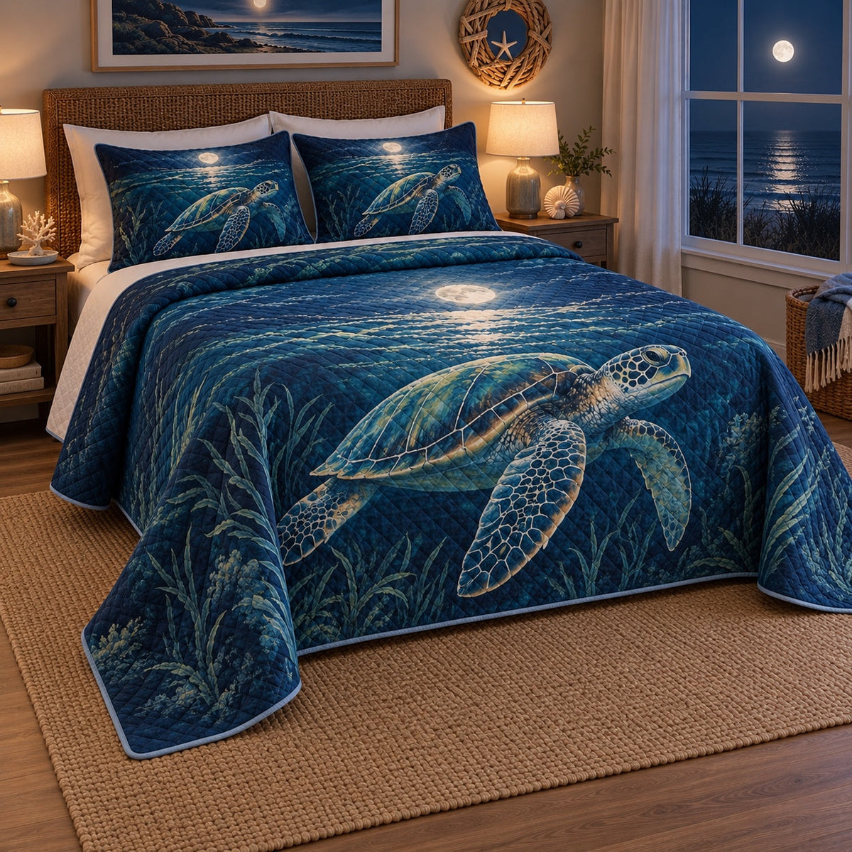 Moonlit Current Sea Turtle Quilt Set, angled sea turtle bedroom view