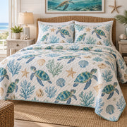 Tidepool Shells Sea Turtle Quilt Set, front sea turtle bedroom view