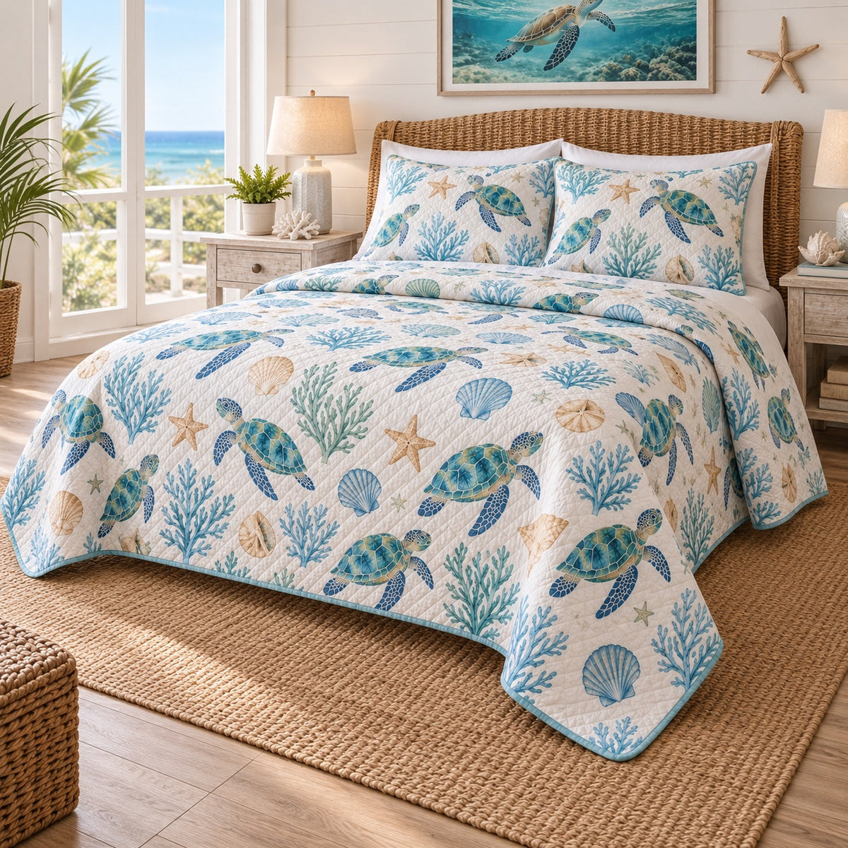 Tidepool Shells Sea Turtle Quilt Set, angled sea turtle bedroom view
