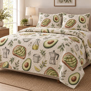Breakfast Sketch Avocado Lovers Quilt Set, angled avocado lovers bedroom view