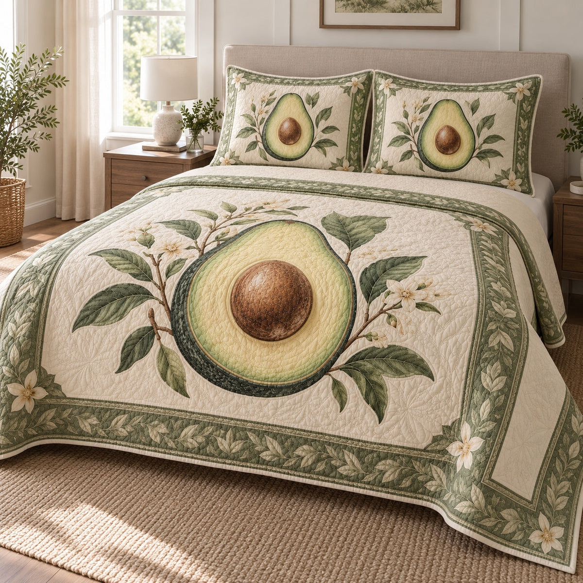 Sage Slice Avocado Lovers Quilt Set, angled avocado lovers bedroom view