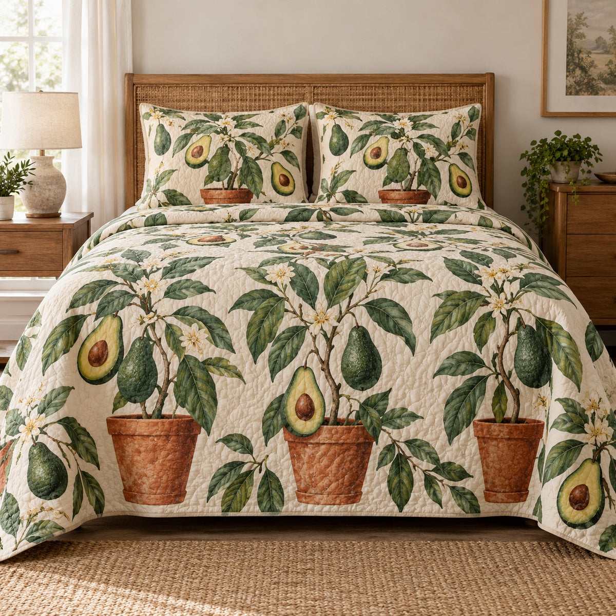 Terracotta Orchard Avocado Quilt Set, front avocado lovers bedroom view