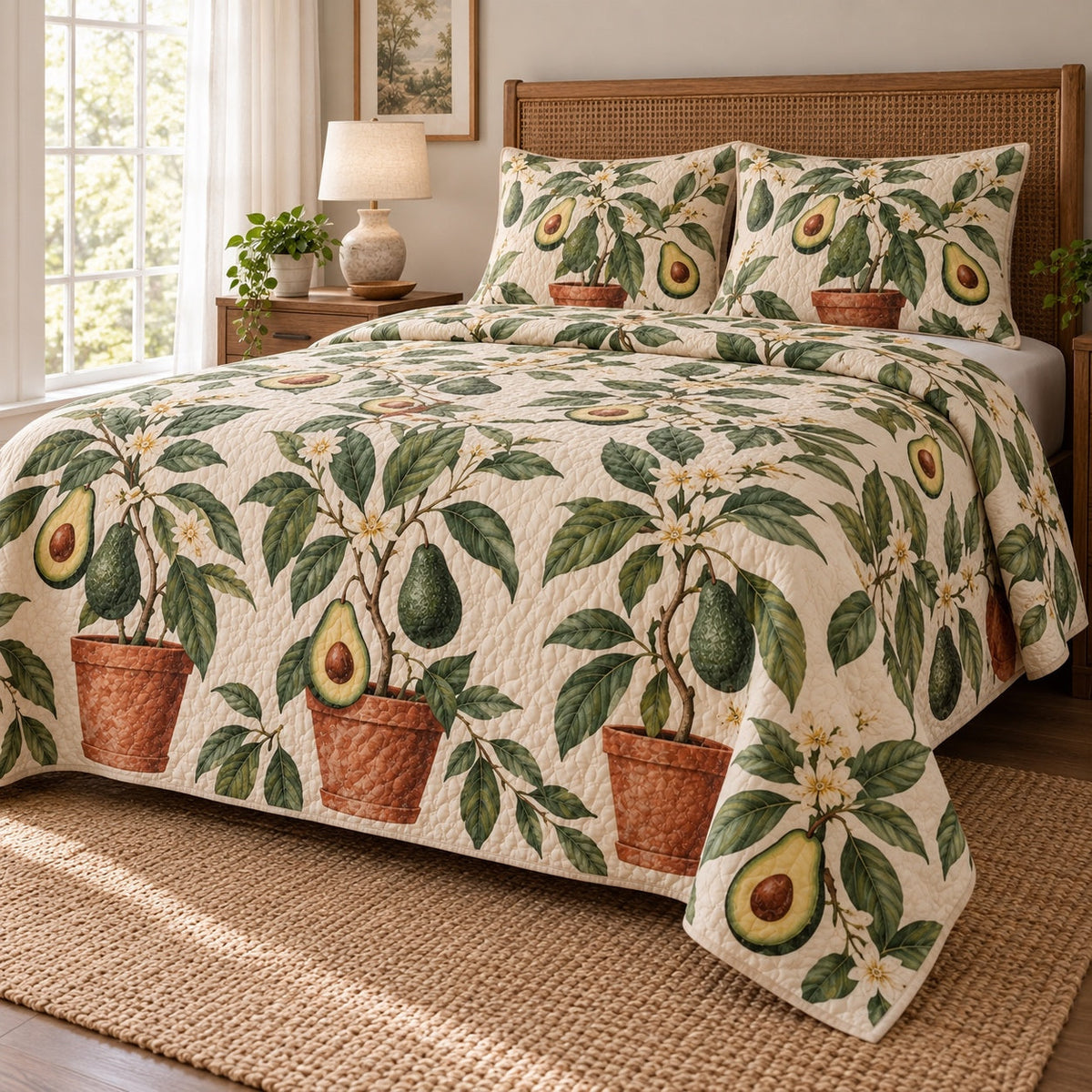 Terracotta Orchard Avocado Quilt Set, angled avocado lovers bedroom view