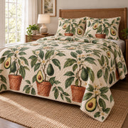 Terracotta Orchard Avocado Quilt Set, angled avocado lovers bedroom view