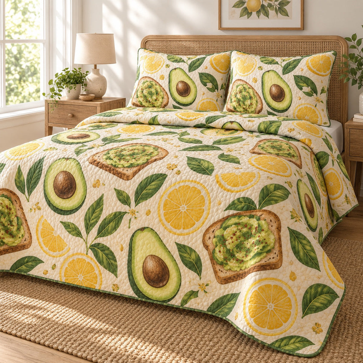 Citrus Breakfast Avocado Lovers Quilt Set, angled avocado lovers bedroom view