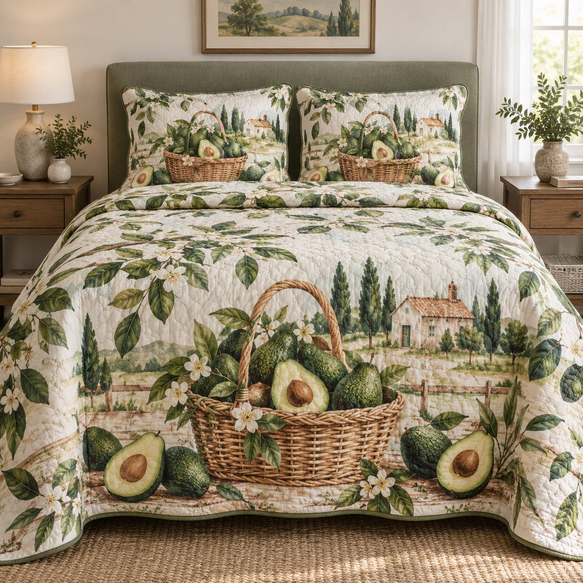 Market Basket Avocado Lovers Quilt Set, front avocado lovers bedroom view