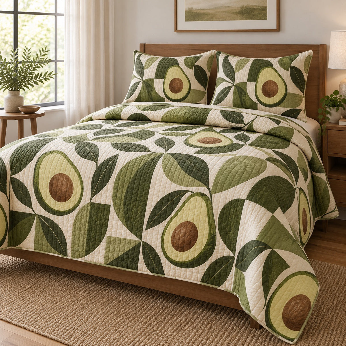 Leaf and Pit Avocado Lovers Quilt Set, angled avocado lovers bedroom view