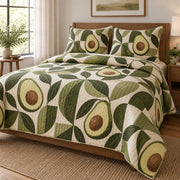 Leaf and Pit Avocado Lovers Quilt Set, angled avocado lovers bedroom view