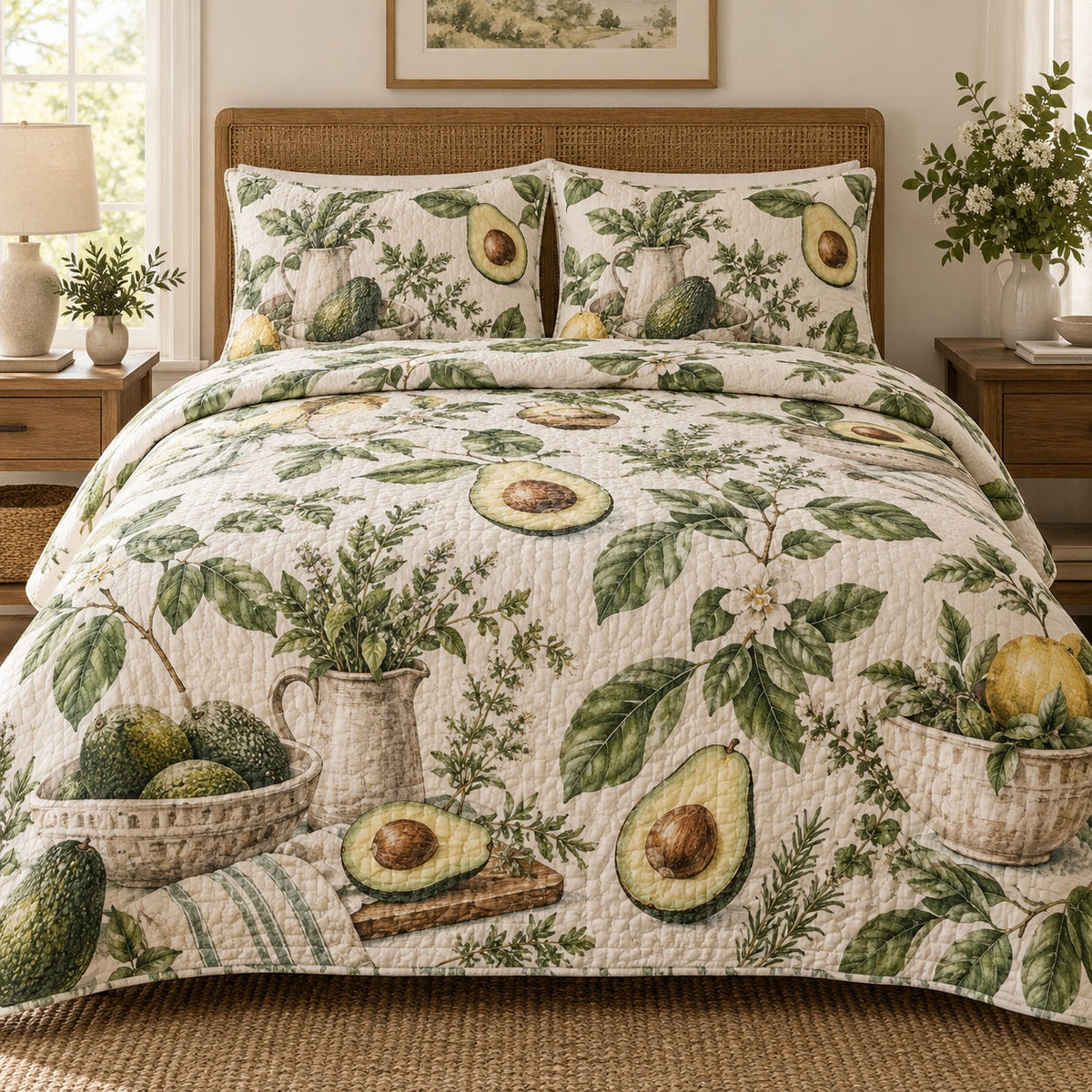 Garden Brunch Avocado Lovers Quilt Set, front avocado lovers bedroom view