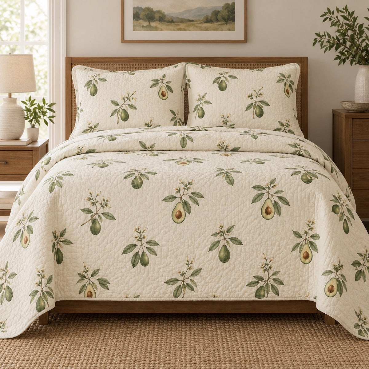 Cream Botanical Avocado Quilt Set, front avocado lovers bedroom view