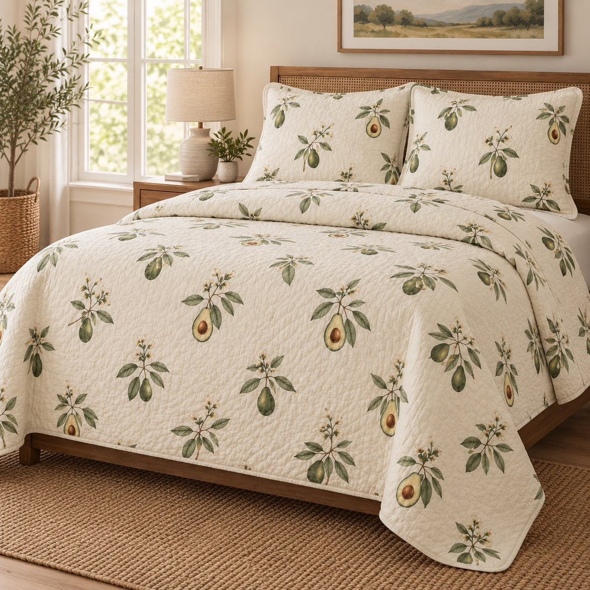 Cream Botanical Avocado Quilt Set, angled avocado lovers bedroom view