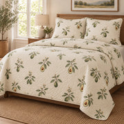 Cream Botanical Avocado Quilt Set, angled avocado lovers bedroom view
