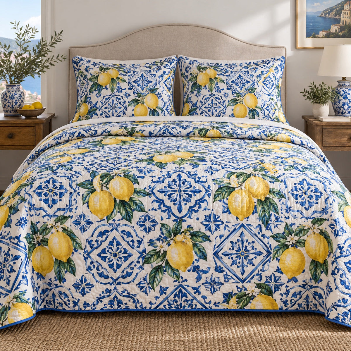 Blue Tile Citrus Lemon Lovers Quilt Set, front lemon lovers bedroom view