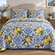 Blue Tile Citrus Lemon Lovers Quilt Set, front lemon lovers bedroom view